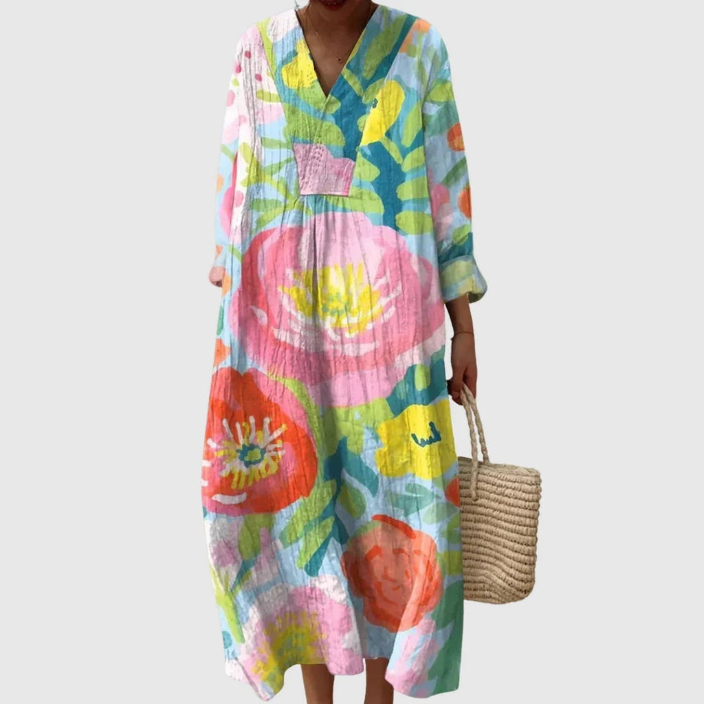 Nuvara | Esther | Vestido Largo de Verano Geométrico Estampado Patchwork Mujer Escote V