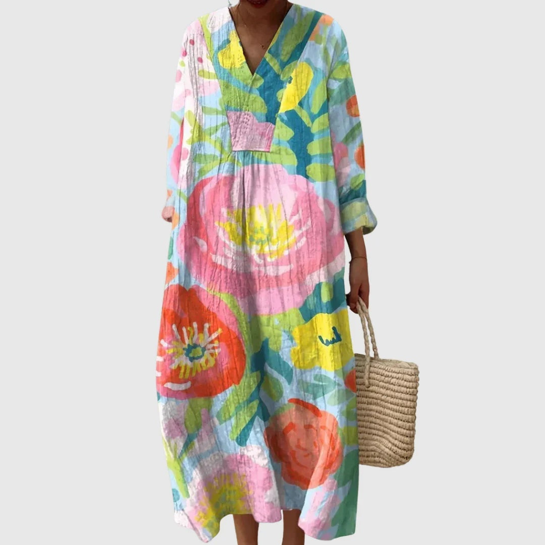 Nuvara | Esther | Vestido Largo de Verano Geométrico Estampado Patchwork Mujer Escote V