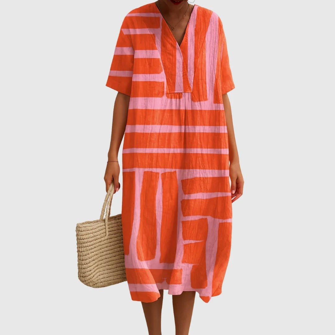 Nuvara | Esther | Vestido Largo de Verano Geométrico Estampado Patchwork Mujer Escote V