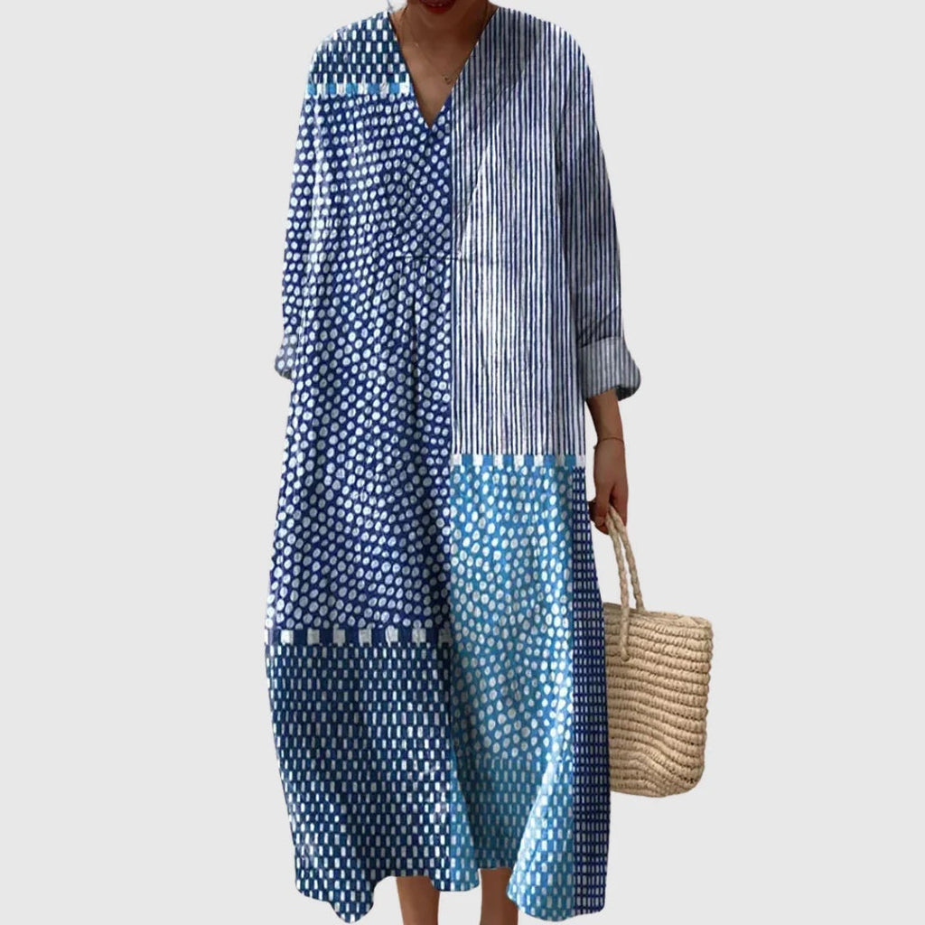 Nuvara | Esther | Vestido Largo de Verano Geométrico Estampado Patchwork Mujer Escote V