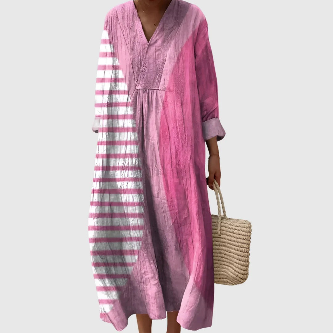 Nuvara | Esther | Vestido Largo de Verano Geométrico Estampado Patchwork Mujer Escote V