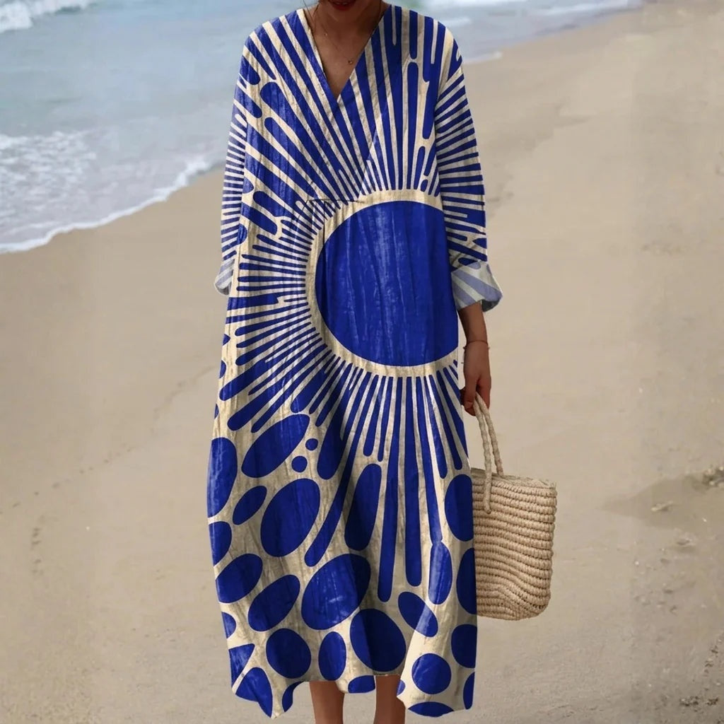Nuvara | Esther | Vestido Largo de Verano Geométrico Estampado Patchwork Mujer Escote V