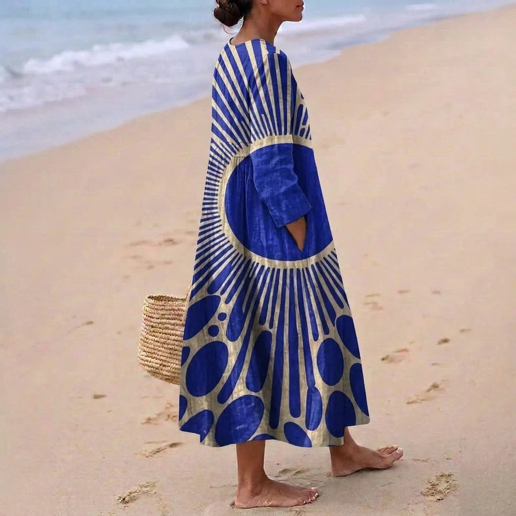 Nuvara | Esther | Vestido Largo de Verano Geométrico Estampado Patchwork Mujer Escote V