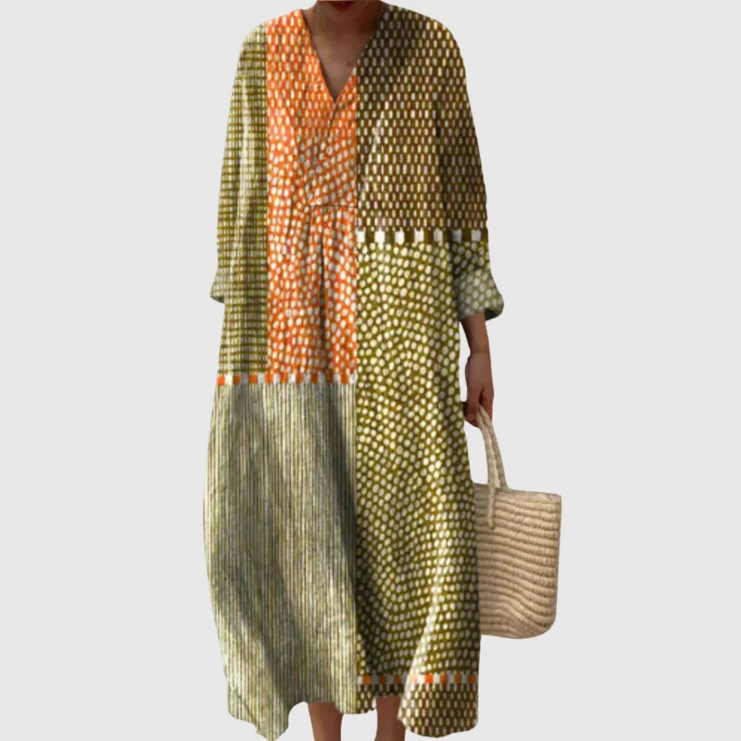 Nuvara | Esther | Vestido Largo de Verano Geométrico Estampado Patchwork Mujer Escote V