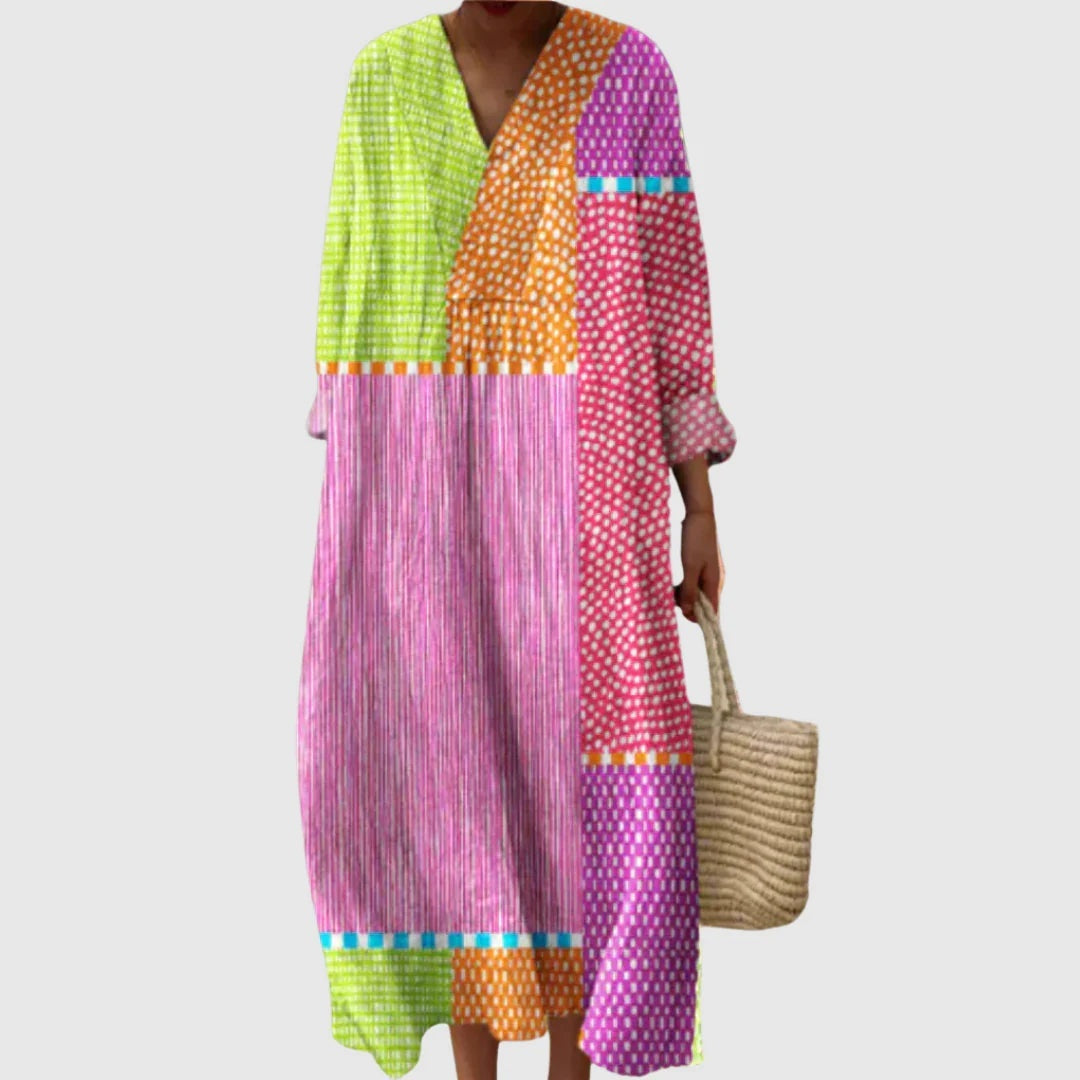 Nuvara | Esther | Vestido Largo de Verano Geométrico Estampado Patchwork Mujer Escote V