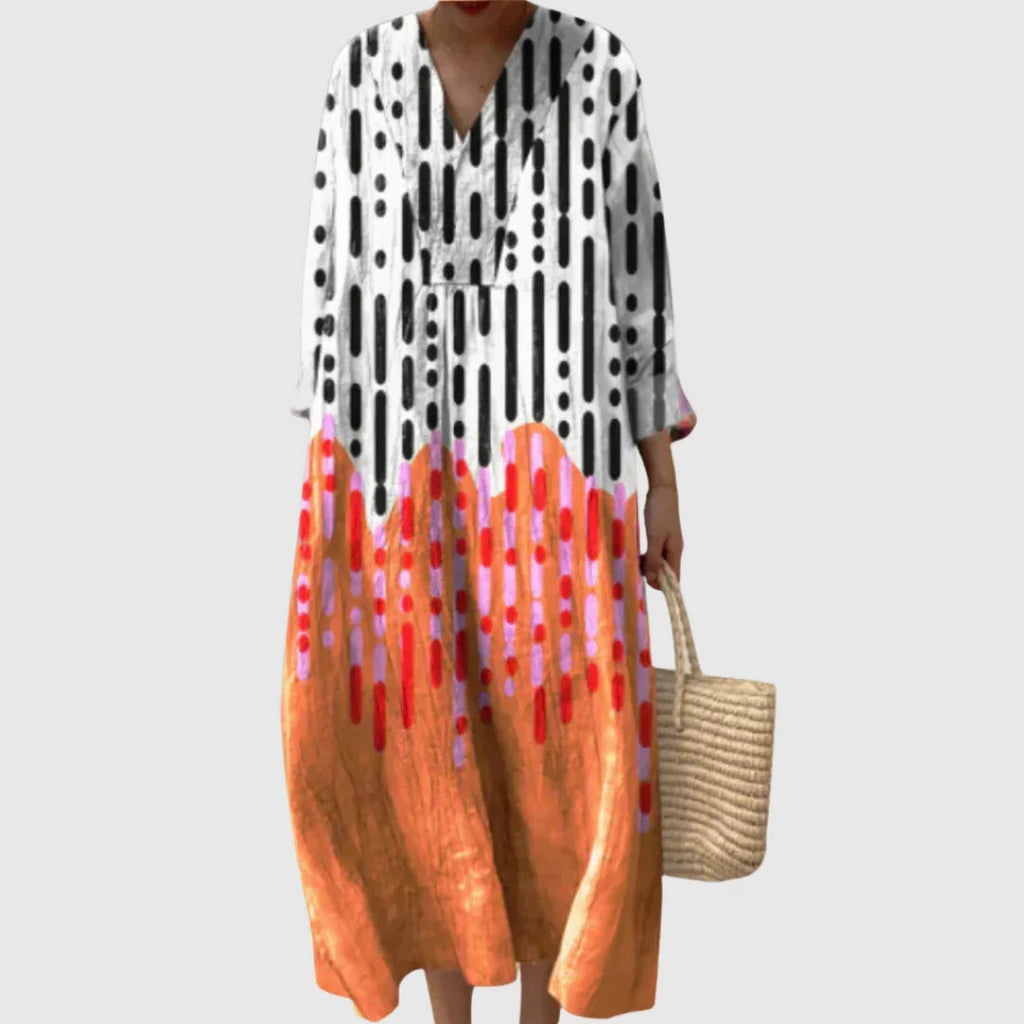 Nuvara | Esther | Vestido Largo de Verano Geométrico Estampado Patchwork Mujer Escote V