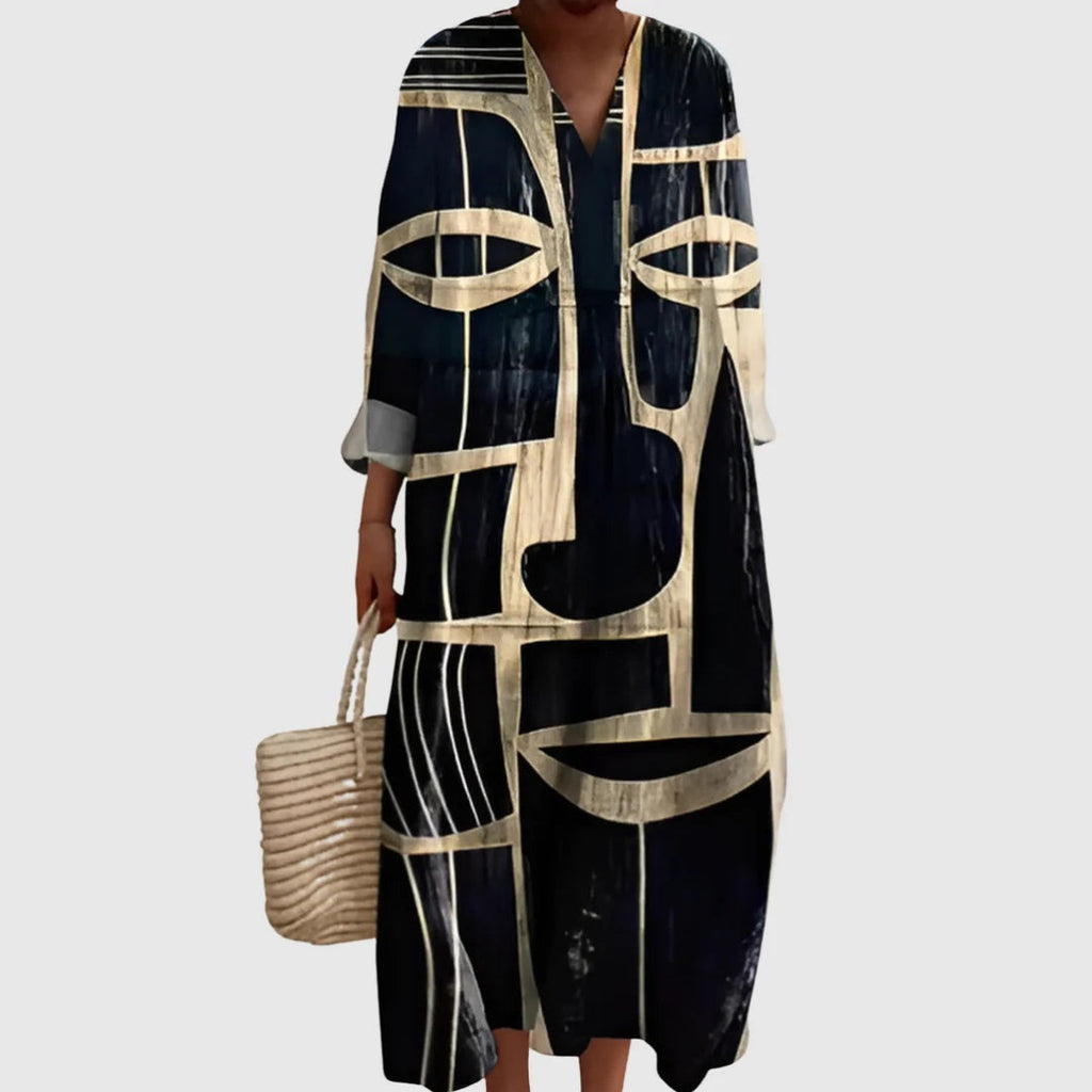 Nuvara | Esther | Vestido Largo de Verano Geométrico Estampado Patchwork Mujer Escote V