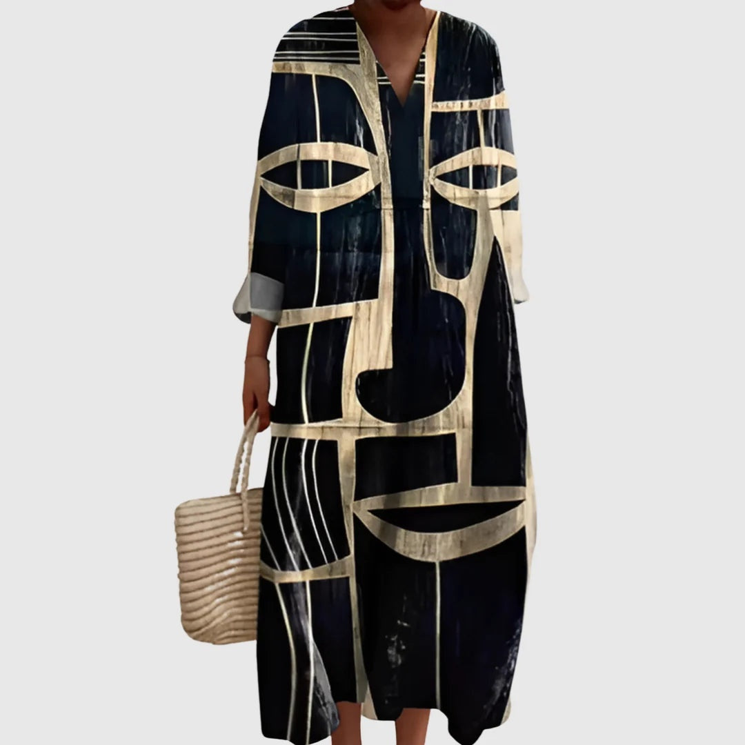 Nuvara | Esther | Vestido Largo de Verano Geométrico Estampado Patchwork Mujer Escote V