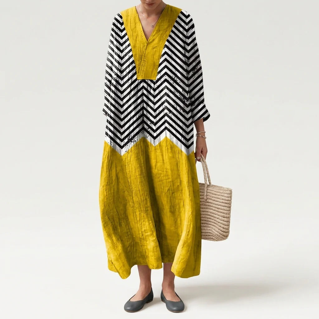 Nuvara | Esther | Vestido Largo de Verano Geométrico Estampado Patchwork Mujer Escote V