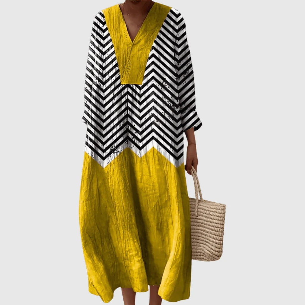 Nuvara | Esther | Vestido Largo de Verano Geométrico Estampado Patchwork Mujer Escote V