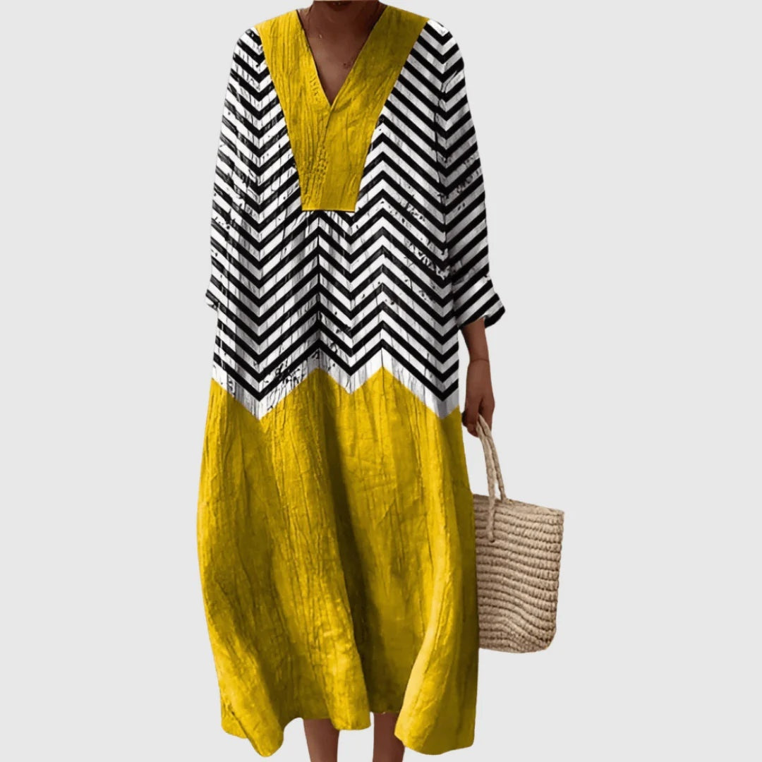 Nuvara | Esther | Vestido Largo de Verano Geométrico Estampado Patchwork Mujer Escote V