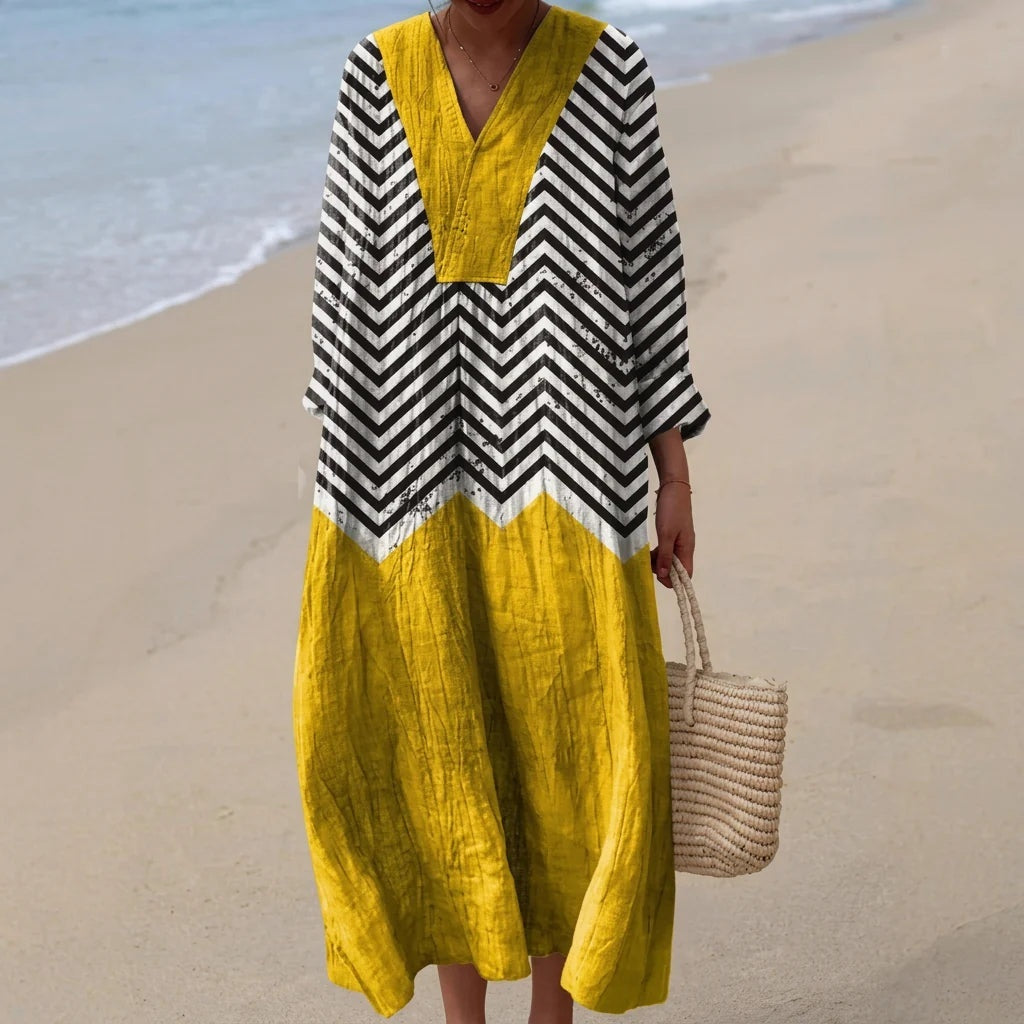 Nuvara | Esther | Vestido Largo de Verano Geométrico Estampado Patchwork Mujer Escote V