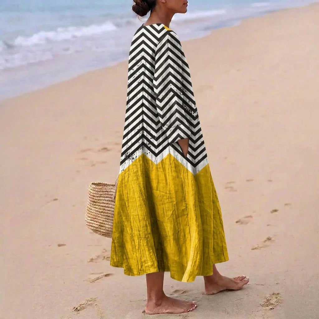 Nuvara | Esther | Vestido Largo de Verano Geométrico Estampado Patchwork Mujer Escote V
