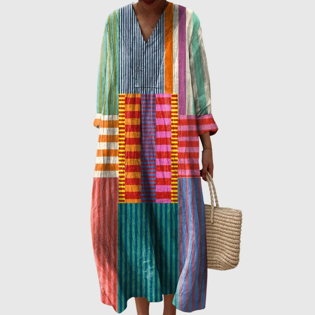 Nuvara | Esther | Vestido Largo de Verano Geométrico Estampado Patchwork Mujer Escote V