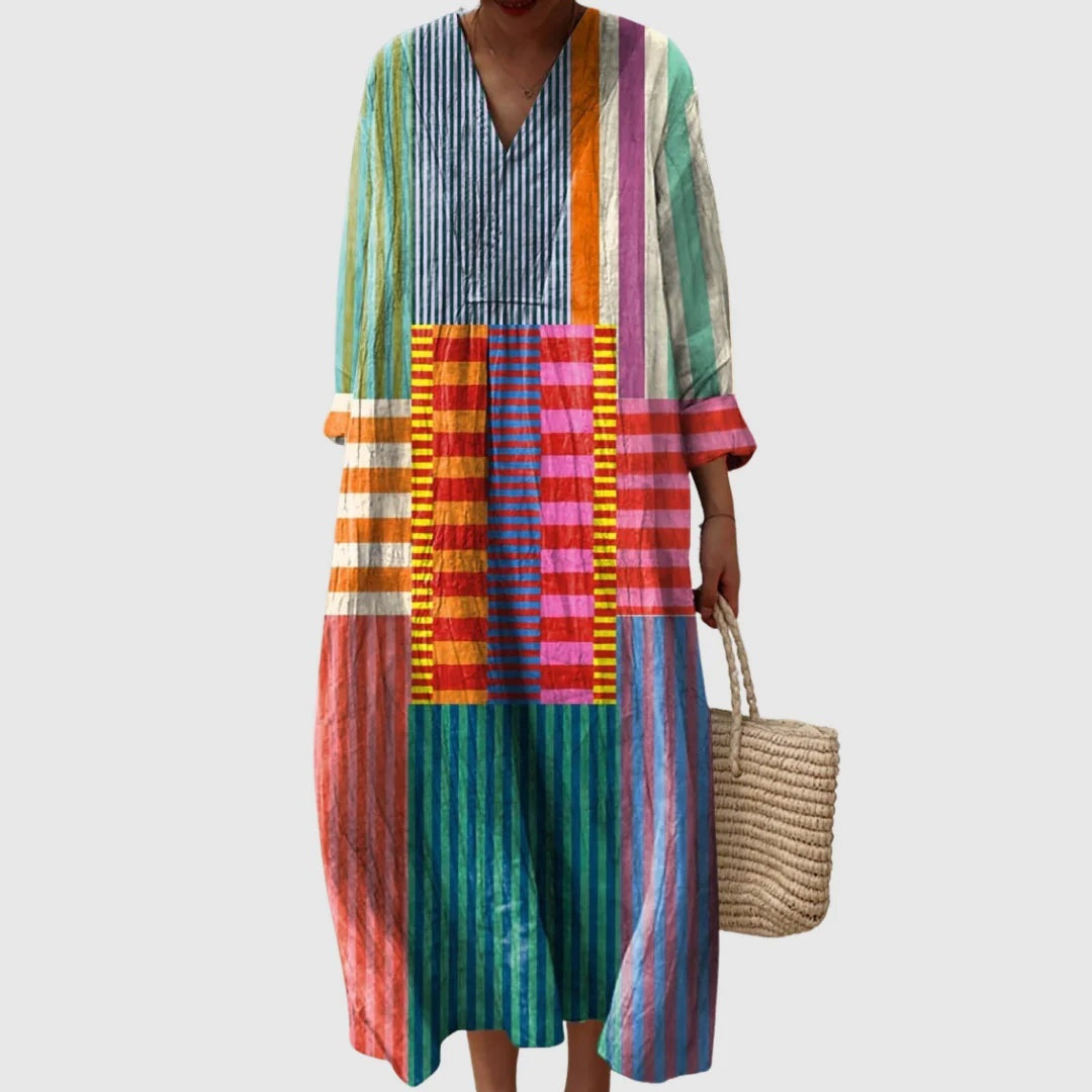 Nuvara | Esther | Vestido Largo de Verano Geométrico Estampado Patchwork Mujer Escote V