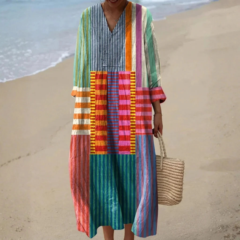 Nuvara | Esther | Vestido Largo de Verano Geométrico Estampado Patchwork Mujer Escote V