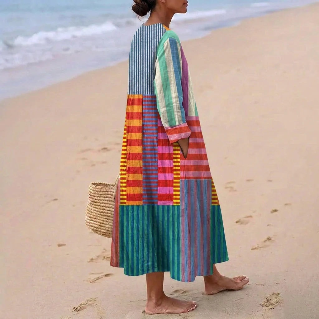 Nuvara | Esther | Vestido Largo de Verano Geométrico Estampado Patchwork Mujer Escote V