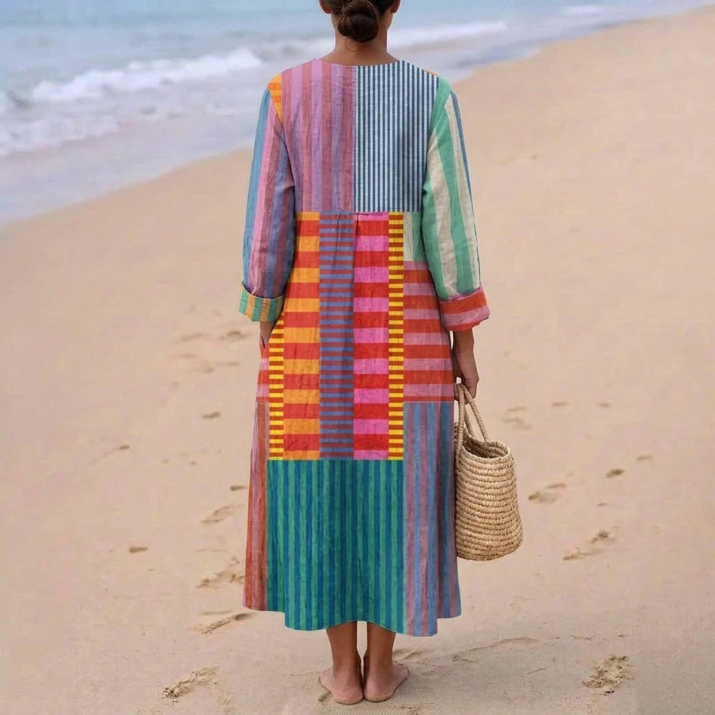 Nuvara | Esther | Vestido Largo de Verano Geométrico Estampado Patchwork Mujer Escote V