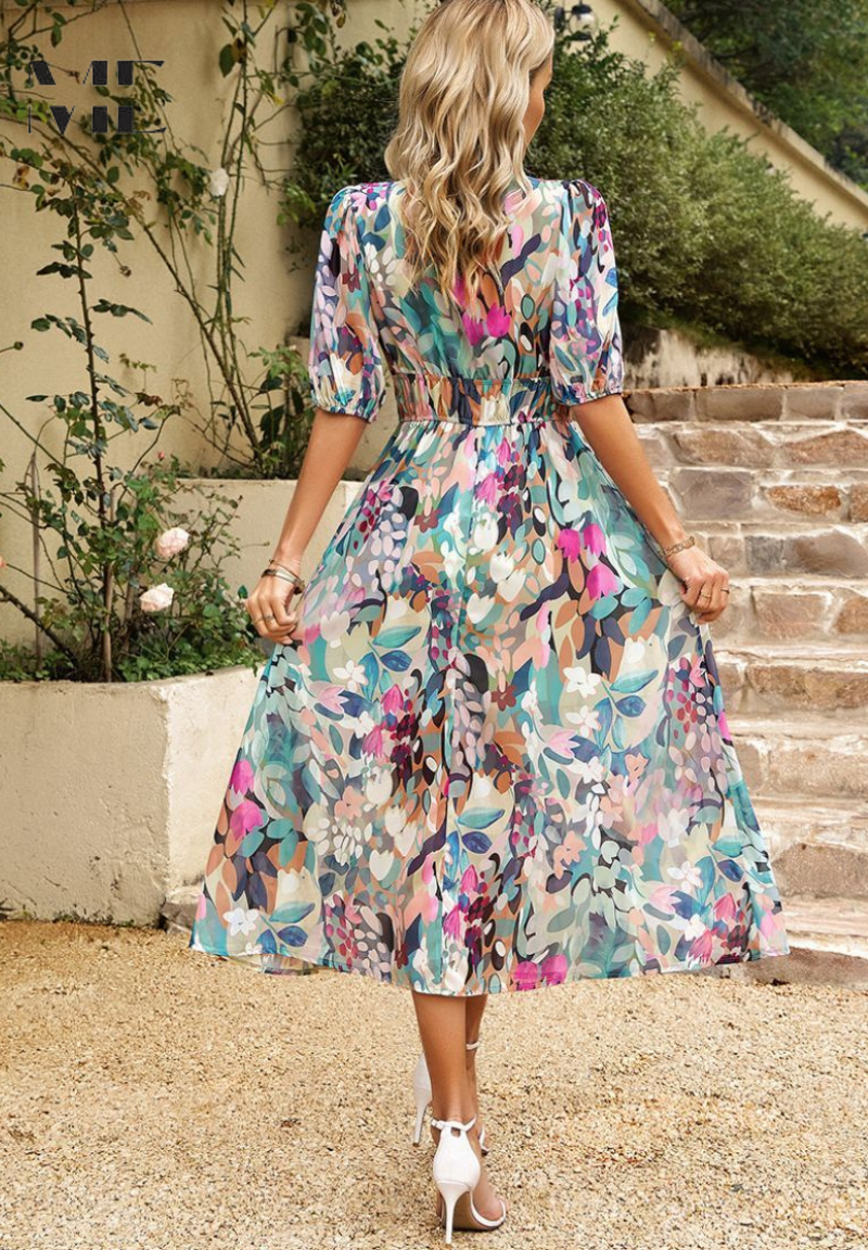 Nuvara | Marisol | Vestido Midi de Invitada Estampado Floral Mujer Escote V
